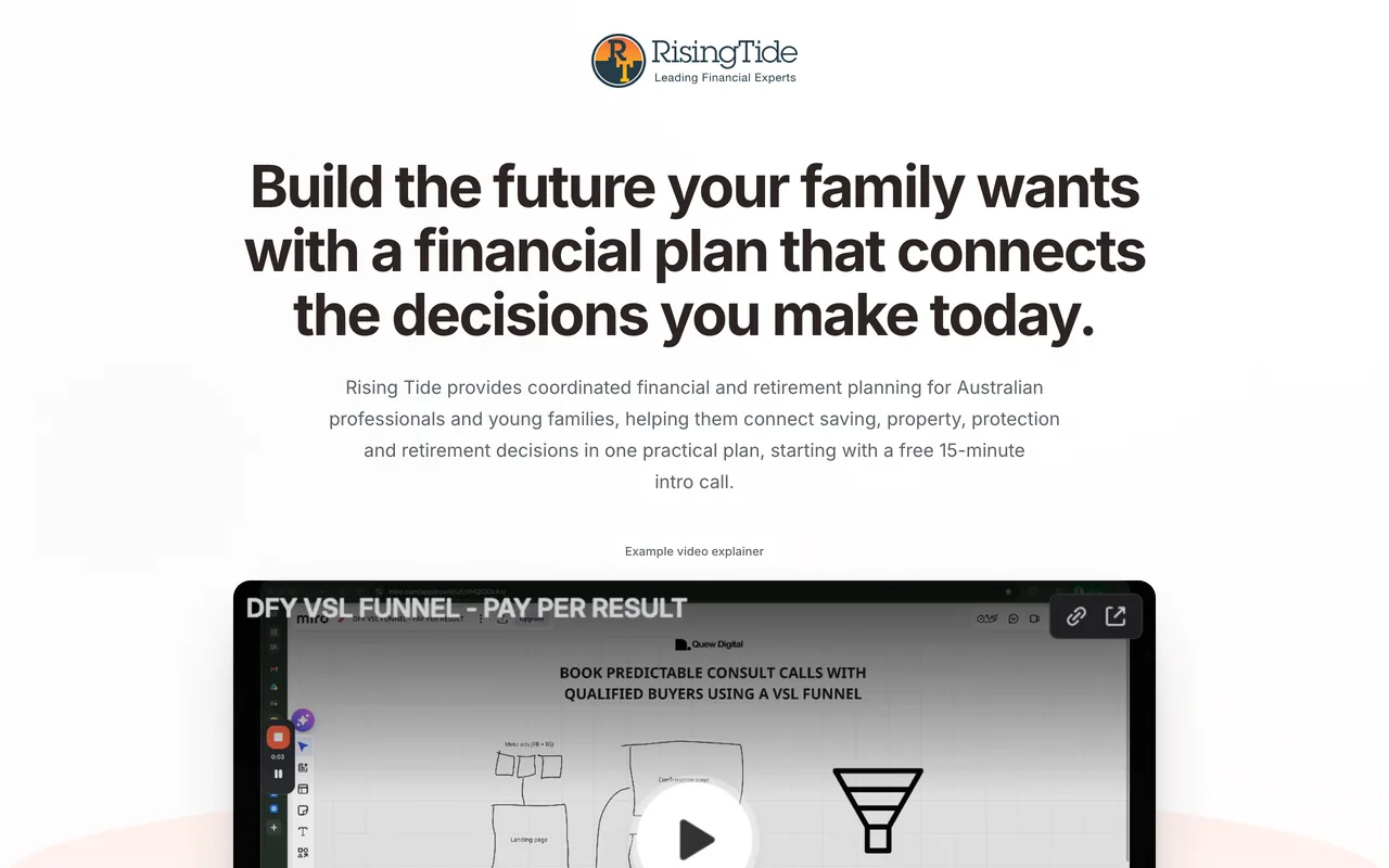 Landing page preview for Rising Tide Financial